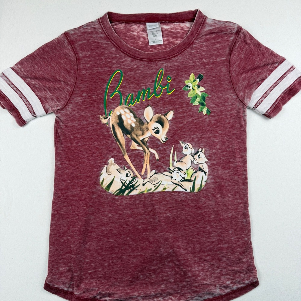 Disney Bambi Graphic T-Shirt Jerry Leigh Burgundy Burnout Varsity Stripe